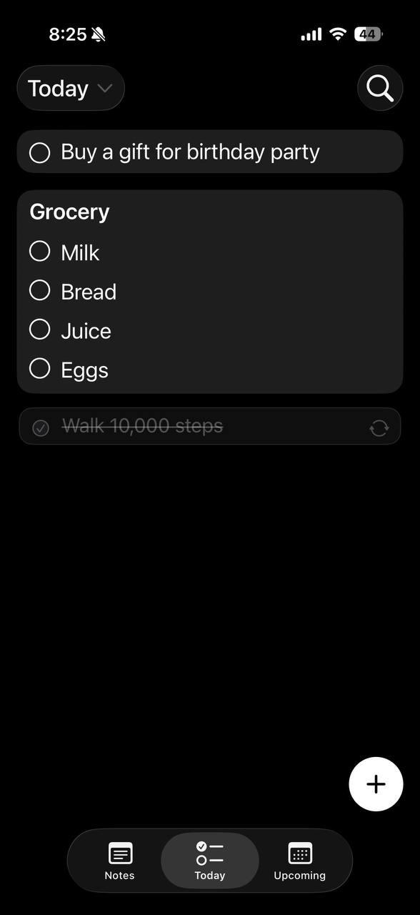 Today screen with a grocery group and a completed repeating task