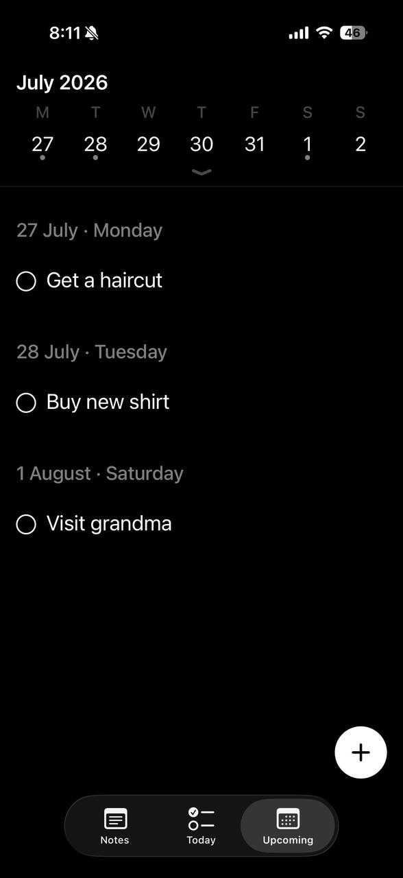 Upcoming screen with July dates and tasks underneath